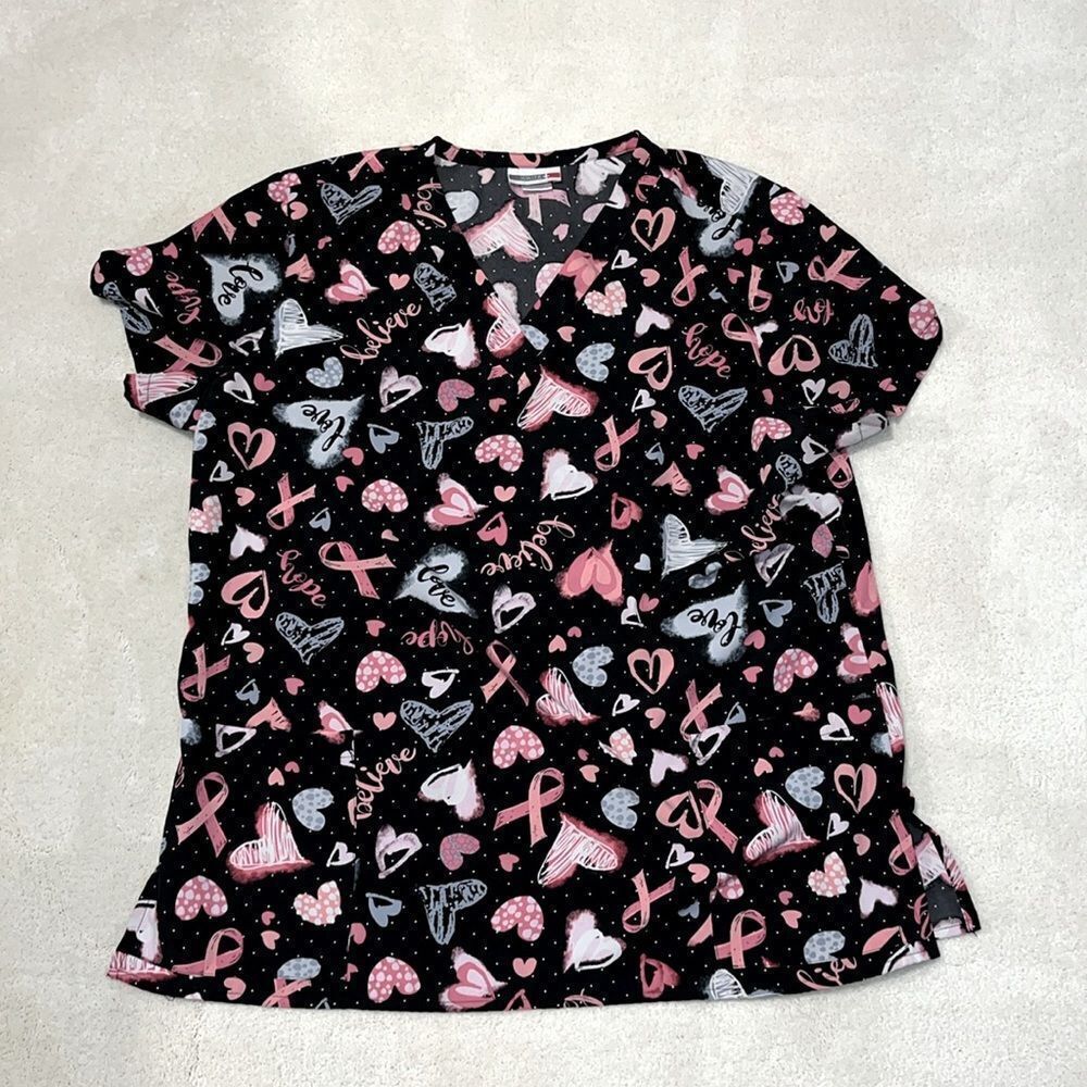 White Cross Breast Cancer Pink Heart/Ribbon Scrub /Healthcare Top Size L